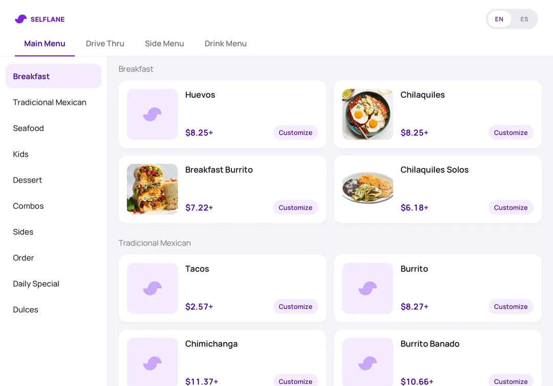 Selflane Hub kiosk menu with menu tabs, categories, dish photos, prices, and Customize buttons