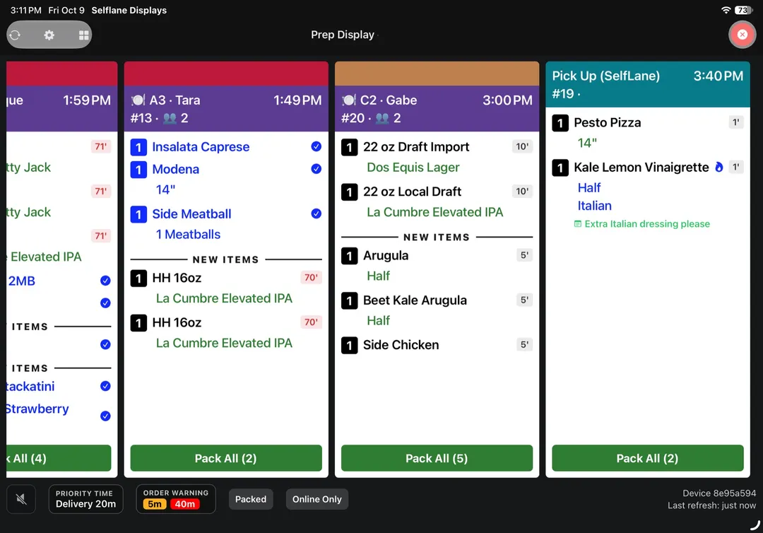 Prep Display showing order tickets with packed items checked and Pack All buttons