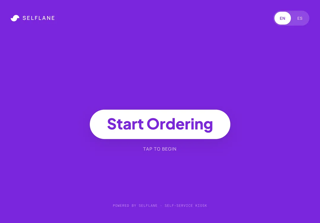 Kiosk welcome screen with a Start Ordering button and English and Spanish options